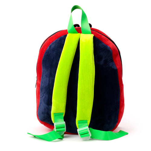 Back view of a red and dark blue plush kids school backpack with bright green plush adjustable shoulder straps and a top handle, on a white background.