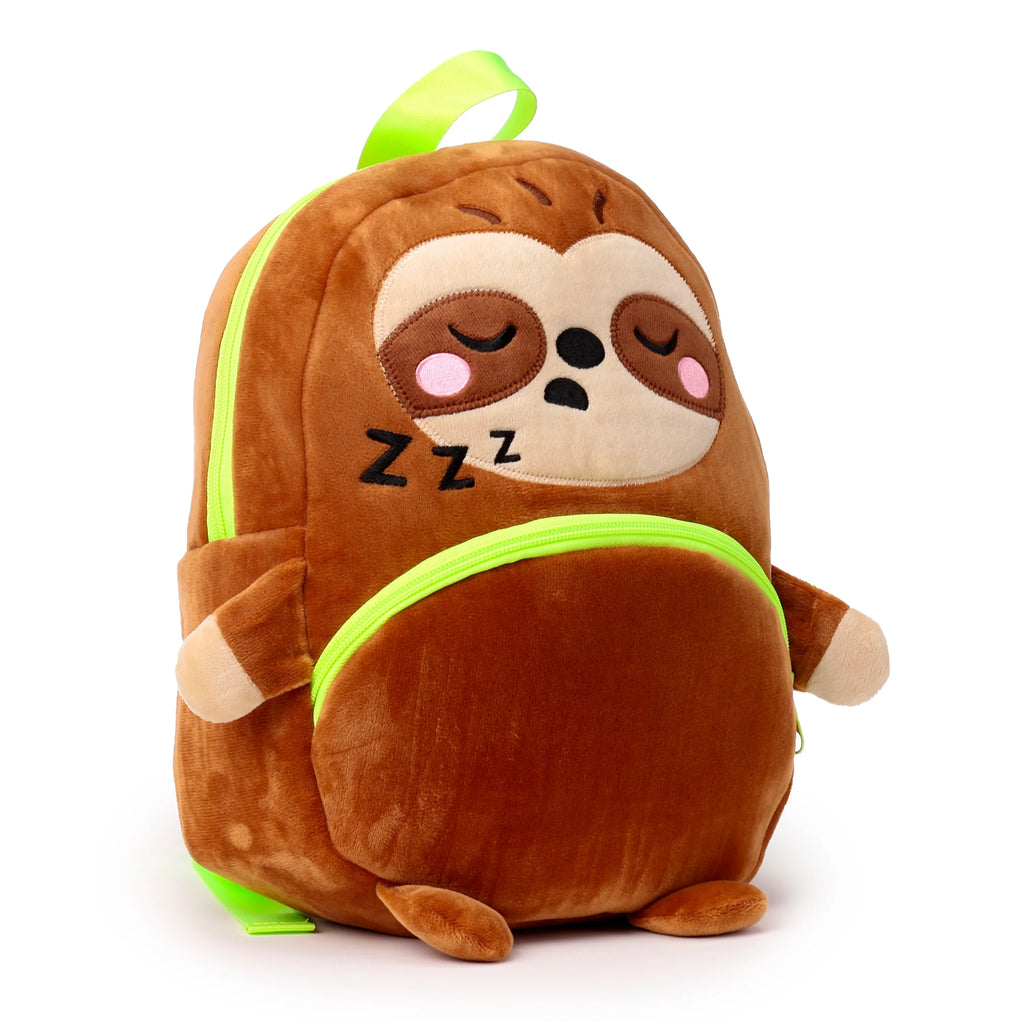 Front view of a brown plush kids school backpack designed as a sleeping sloth, with lime green zippers.