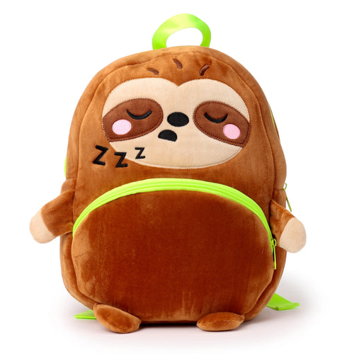 Front view of a brown plush kids school backpack shaped like a sleeping sloth with 'zzz' embroidery and neon green accents.