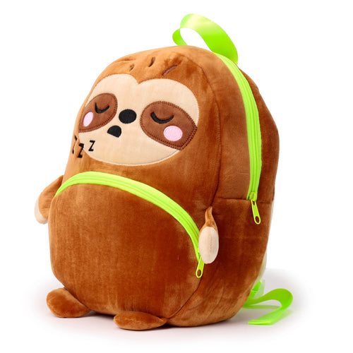 Angled front view of a kids school rucksack designed as a plush, sleeping brown sloth with closed eyes, pink cheeks, and bright neon green zippers and straps.