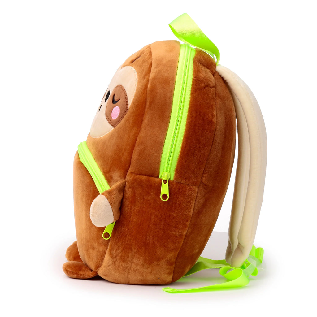 Side view of a brown plush kids school backpack designed as a sloth, with bright neon green zippers and light beige shoulder straps, displayed on a white background.
