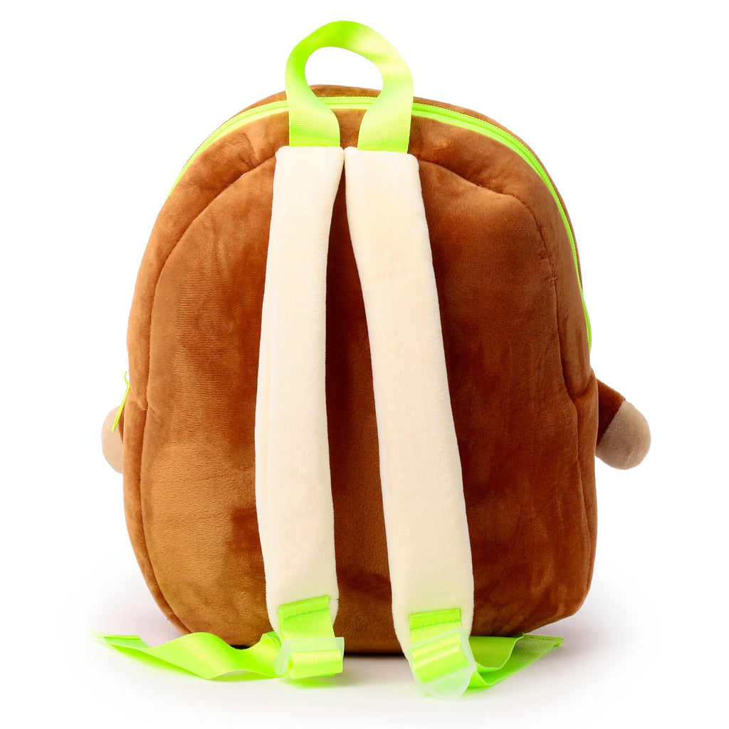Back view of a brown plush kids school backpack with a sloth design, featuring cream adjustable shoulder straps, a neon green top handle, and a green zipper.