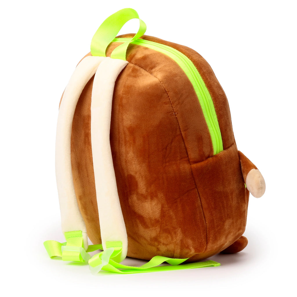 Side view of a brown plush kids sloth backpack with neon green zipper and cream shoulder straps.