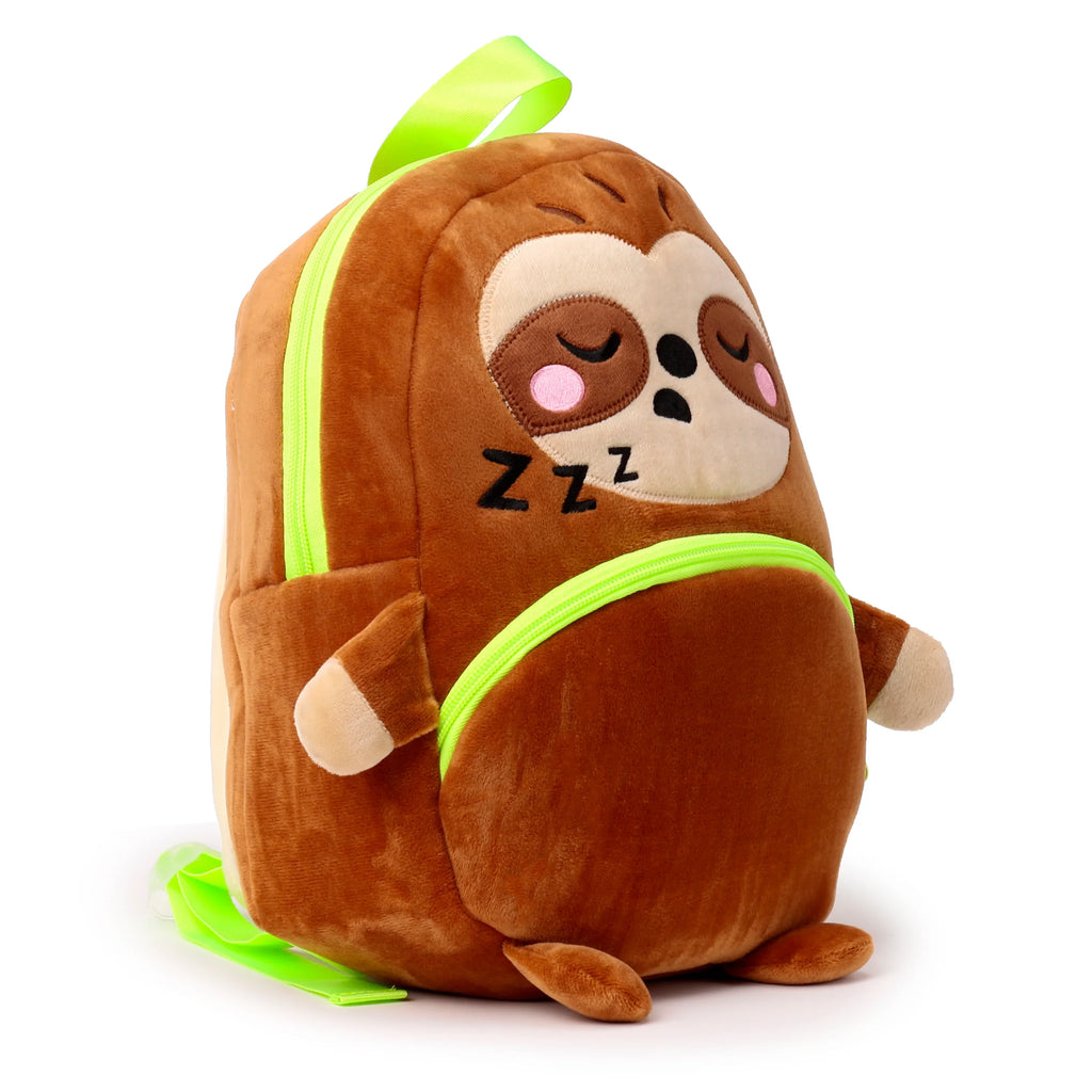 Angled front view of a brown plush kids school backpack designed as a sleeping sloth, featuring embroidered 'zzz's on its face and bright neon green zippers and shoulder straps.