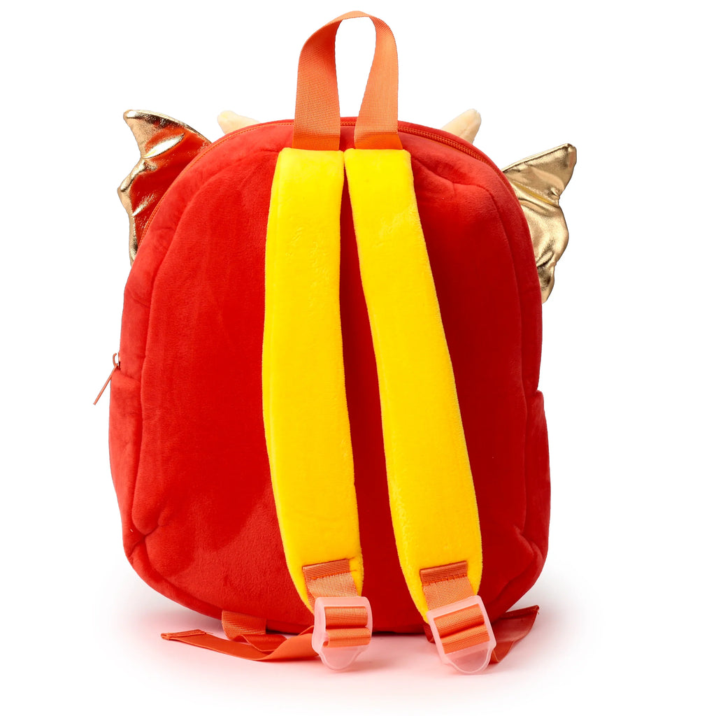 Back view of a red plush dragon kids backpack with yellow straps.