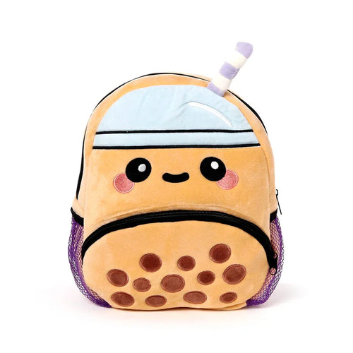 Front view of a kids school rucksack backpack designed as a plush light brown boba tea cup, featuring a light blue top, a striped purple and white straw, an embroidered cute face with blush, dark brown boba pearl details, and purple mesh side pockets.