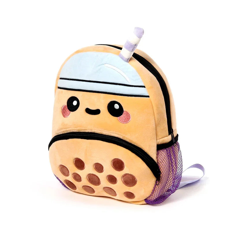 Angled view of a boba bubble tea themed plush kids school rucksack backpack, featuring a smiling face, brown boba pearls, a purple straw, and a side mesh pocket.
