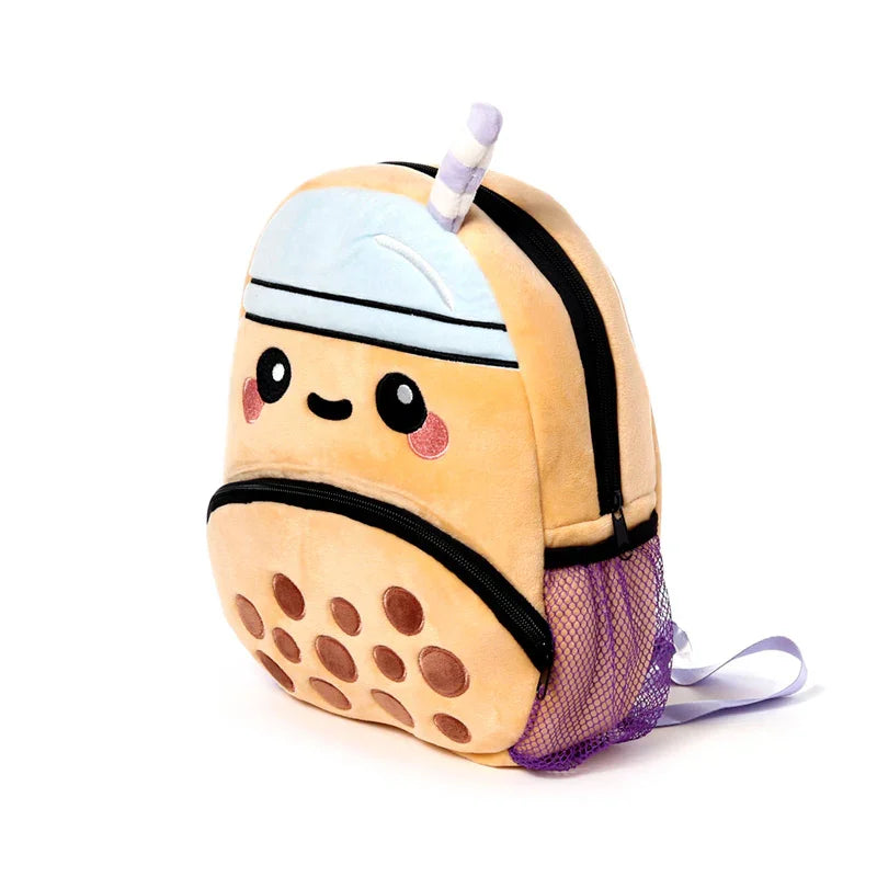 Angled view of a kids school rucksack backpack resembling a boba bubble tea cup, featuring a smiling face, plush straw, and purple mesh side pocket.