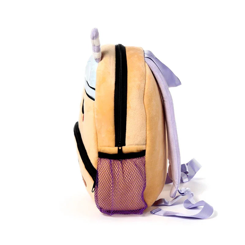 Side view of a tan Boba Bubble Tea Kids School Rucksack Backpack with a purple mesh side pocket and purple straps.