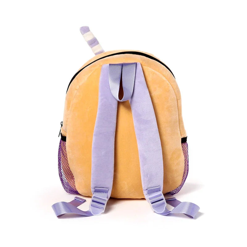 Back view of a soft light orange kids school rucksack backpack with purple adjustable shoulder straps, a top carry handle, a striped straw detail, and a purple mesh side pocket.