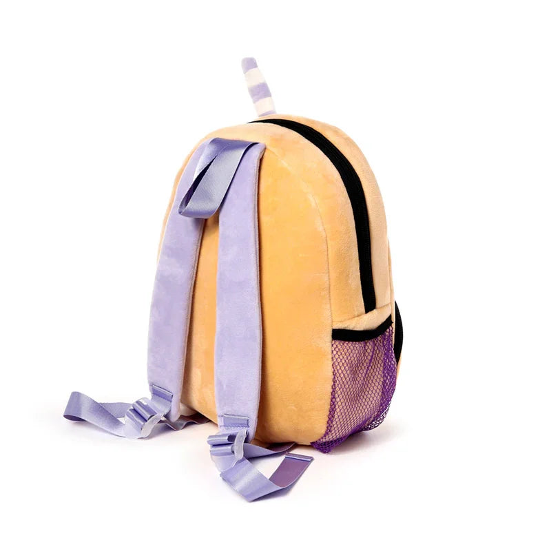 Back and partial side view of a light orange plush kids school rucksack featuring lavender adjustable shoulder straps, a purple mesh side pocket, and a striped straw detail, designed like a bubble tea.