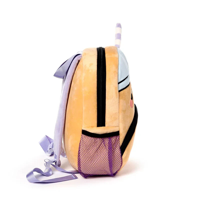 Side view of a kids school rucksack backpack with a boba tea design, featuring a soft tan body, light blue top, purple mesh side pocket, and a striped straw handle.
