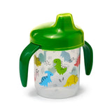 Angled product shot of a reusable, shatterproof sippy cup, showing its bright green lid and dual handles, with colourful cartoon dinosaur illustrations in blue, green, yellow, and red on its clear body.