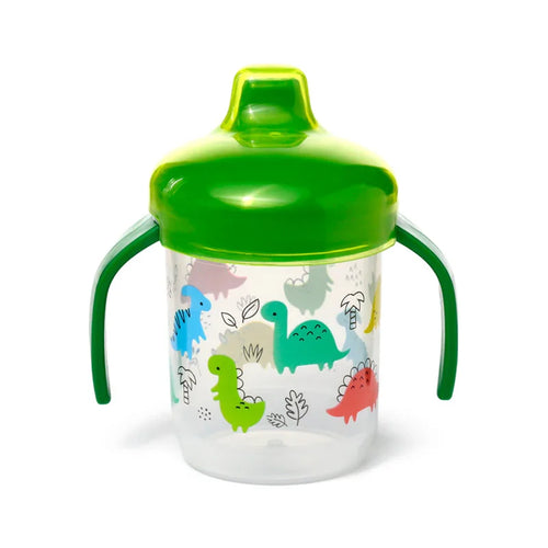 A reusable shatterproof sippy cup shown from an eye-level perspective, featuring a clear base with colourful cartoon dinosaur illustrations in shades of blue, green, red, and pink, complemented by a bright green lid and handles.