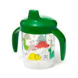 Angled view of a reusable sippy cup with a vibrant green lid and handles, featuring a clear body decorated with colourful dinosaur illustrations.
