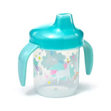 Front view of a clear reusable shatterproof sippy cup with a teal lid and handles, featuring a Unicorn Magic design with white unicorns, rainbows, and clouds.