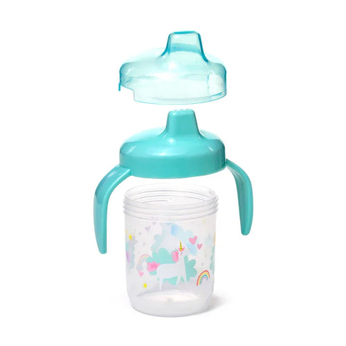 Disassembled sippy cup components: clear base with a unicorn and rainbow pattern, teal-coloured lid with handles, and translucent blue spout cover.