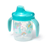 Front view of a reusable shatterproof sippy cup. It features a clear plastic body decorated with a magical unicorn and rainbow design, a turquoise spout lid, and two matching turquoise handles.