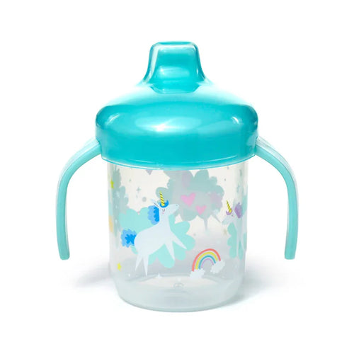 Angled view of a reusable sippy cup with a teal lid and handles. The clear body is decorated with a colourful unicorn, rainbow, cloud, heart, and star pattern.