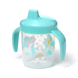 Angled view of a reusable, shatterproof sippy cup with a clear body featuring colourful unicorn and rainbow illustrations, and a turquoise lid with matching handles.