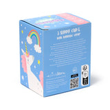 Angled view of a light blue sippy cup packaging box with a white unicorn, pink mane, and rainbow illustration.