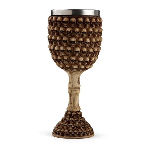 Straight-on view of a decorative Gothic Multi Skulls Goblet, featuring a bowl and base covered in hundreds of sculpted, bone-coloured skulls, a textured stem, and a silver-coloured metallic rim.