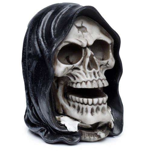 Angled view of the Reaper Skull Head Ornament, featuring a beige skull with an open mouth and black hooded cloak.