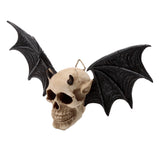 Front view of a Gothic wall plaque depicting an off-white devil skull with black bat wings. The skull features small horns and pointed ears, with a brass hanging hook visible at the top.