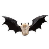 Back view of a Gothic bat skull wall plaque, featuring a light-coloured, textured skull section with dark horns, outstretched black textured wings, and a brass hanging hook.