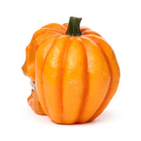 Close-up angled shot of an orange, ribbed pumpkin skull decorative ornament, featuring its rounded body, green stem, and a visible portion of the skull's face and teeth.