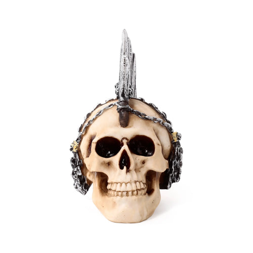 Front view of a decorative bone-coloured punk skull ornament featuring a metallic bladed mohican and dark chains draped across its head.