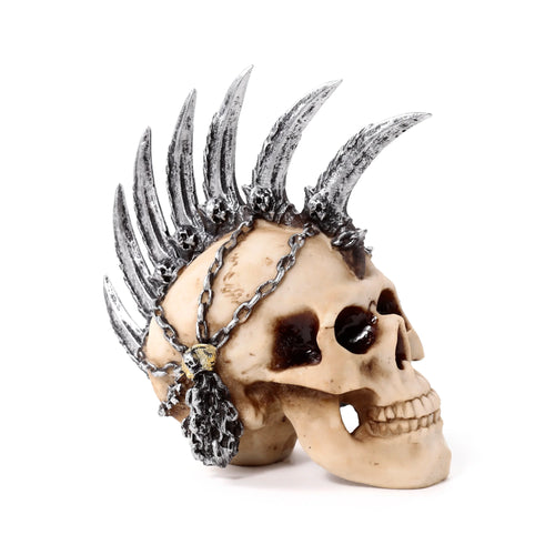 Angled view of a decorative bone-coloured punk skull ornament, with silver-coloured chains and a prominent blade mohawk.