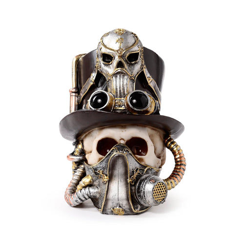 Front view of a decorative steampunk style skull ornament, featuring a bone-coloured skull wearing a metallic gas mask, a dark top hat, and a smaller metallic skull mask with goggles.