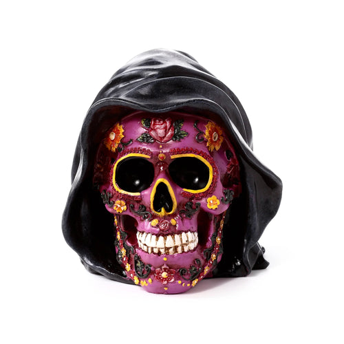 Front view of a purple Day of the Dead skull ornament with a black hood, featuring intricate colourful floral patterns.
