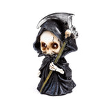 Front view of a decorative Grim Reaper mini skull figurine, wearing a black hooded robe, with skeletal hands holding a silver scythe.