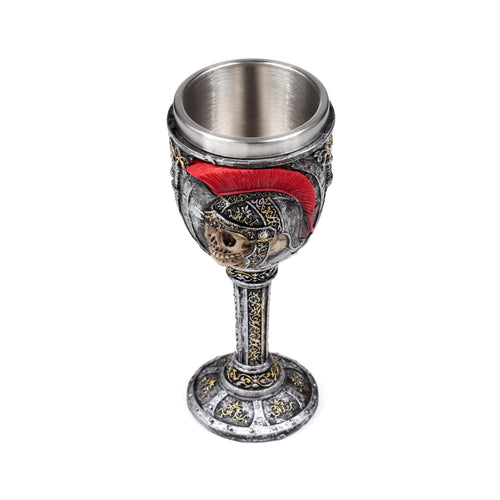 Decorative goblet with a silver and gold Roman soldier helmet and skull design, featuring a red plume and metallic cup insert, shown at an angle on a white background.