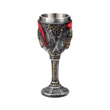 Front view of a decorative silver and gold coloured goblet, featuring Roman soldier motifs like crossed swords, a skull, and red plumes, with ornate patterns and a metallic inner cup, on a white background.