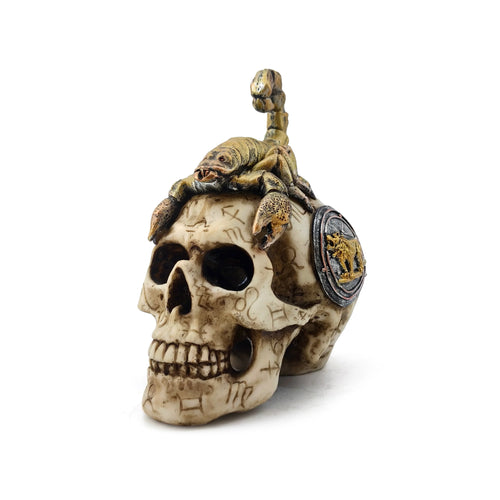 Angled view of a decorative scorpion skull ornament, bone-coloured with carved astrological symbols, featuring a golden scorpion resting on its crown and a circular gold and grey emblem on its temple.