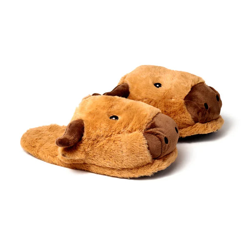 Angled view of a pair of brown plush Highland Coo slippers, featuring dark eyes and brown snouts.