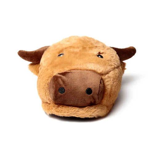 Front view of a single light brown plush Highland Coo slipper, featuring dark brown horns, a snout, and black eyes, on a white background.