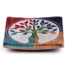 Angled overhead view of a multi-coloured soapstone incense burner dish, featuring an engraved white Tree of Life design.