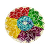 Overhead view of a round carved soapstone incense burner dish, featuring a vibrant rainbow-coloured chakra lotus design with white detailing and a central incense holder.