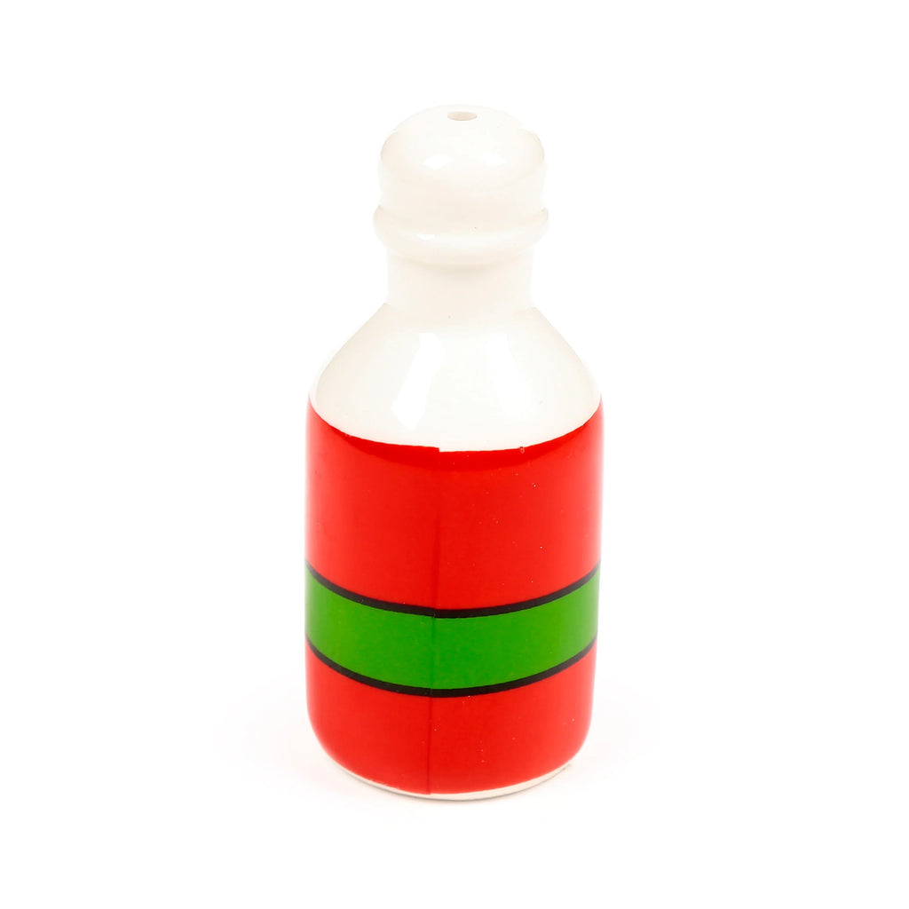 Upright ceramic hot sauce shaker, featuring a red bottle-shaped body with a green band and a white top with a single hole.