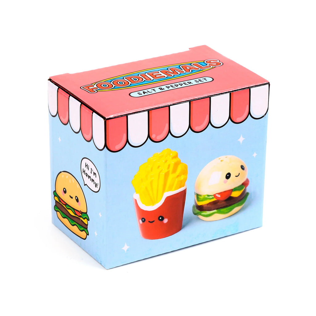 Angled view of Foodiemals ceramic burger and fries salt and pepper set packaging. The blue box features a red and white striped awning design and illustrations of the friendly burger and fries shakers.