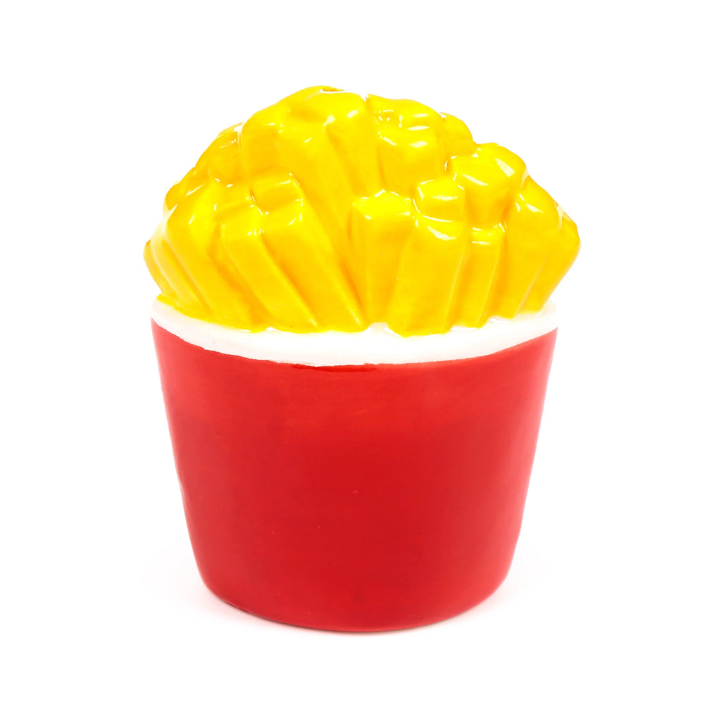 Ceramic fries salt or pepper shaker, with glossy yellow fries in a vibrant red cup.