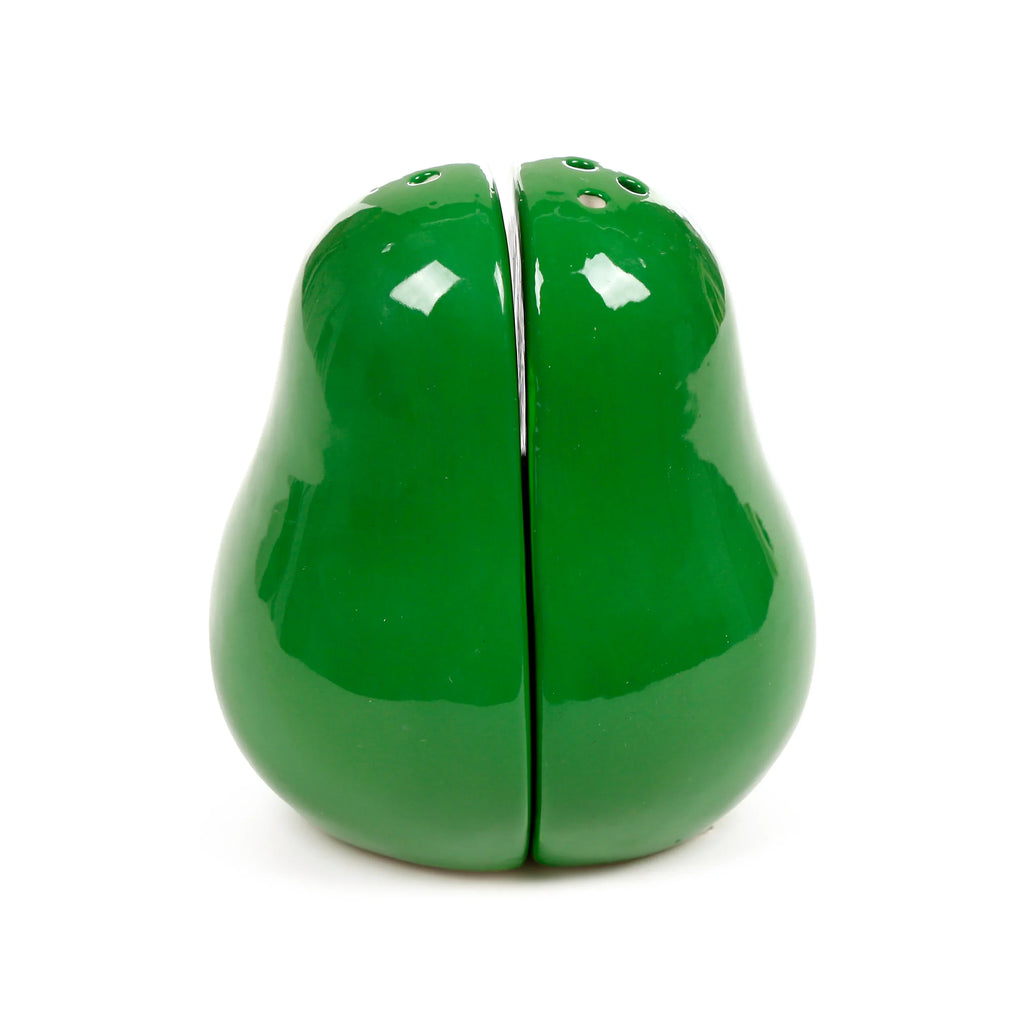 Paired glossy green ceramic avocado salt and pepper shakers, with visible dispensing holes, on a white background.