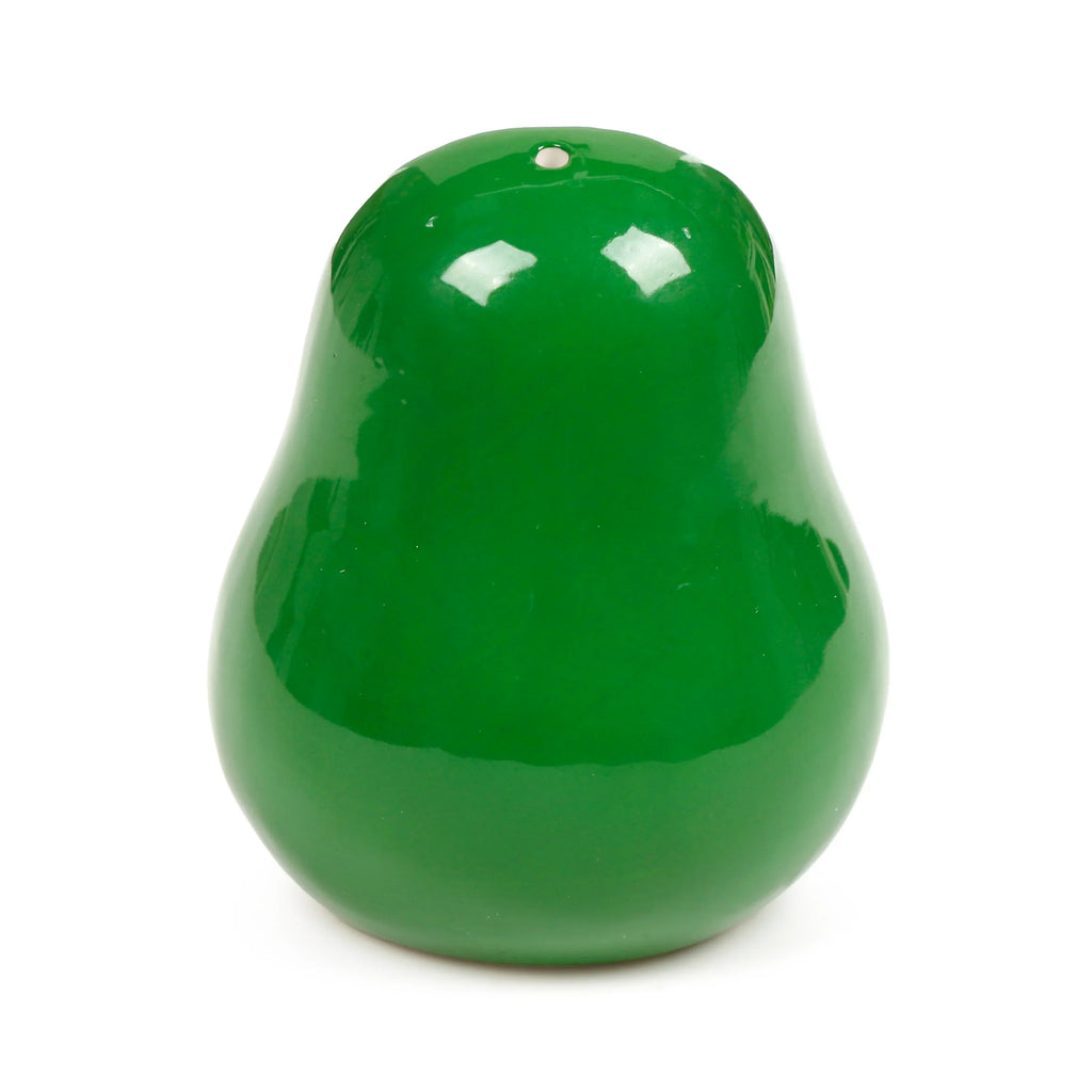 Green ceramic avocado shaker, part of the Pedro the Avocado Foodiemals salt and pepper set, with a single dispensing hole.