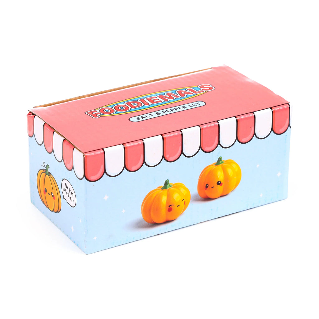 Angled view of a pink and light blue product box, labelled FOODIEMALS SALT & PEPPER SET. The box features illustrations of friendly orange cartoon pumpkins.