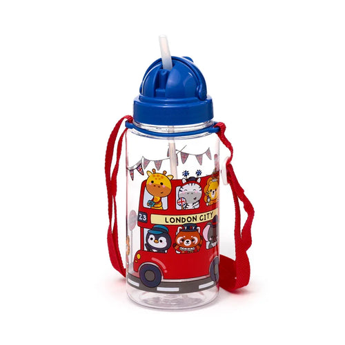 Angled view of a clear children's water bottle with a blue lid, integrated straw, and red carry strap, featuring a colourful cartoon design of various animals riding a red London double-decker bus.
