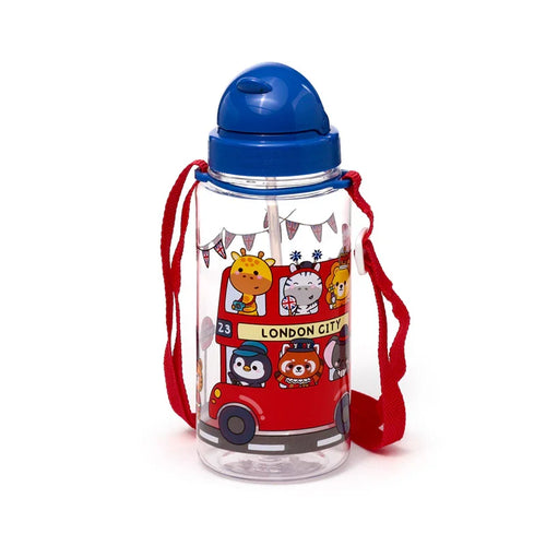 Front view of a children's clear plastic water bottle with a blue sippy lid, displaying a red double-decker London bus illustration with cartoon animals and British flag bunting, and a red adjustable carrying strap.